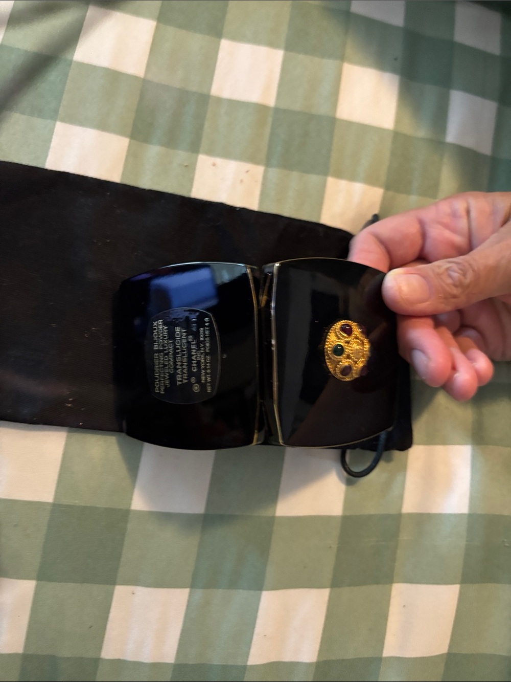 CHANEL Black Compact with Gold Medallion and Multicolor Stones with Storage Bag - Picture 13 of 16